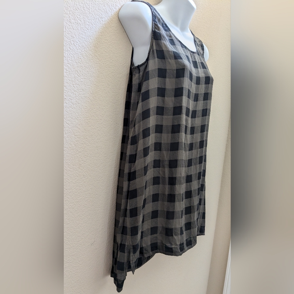 Eileen Fisher Tunic/Dress PS Silk High-Low Plaid Olive Black - Picture 2 of 8